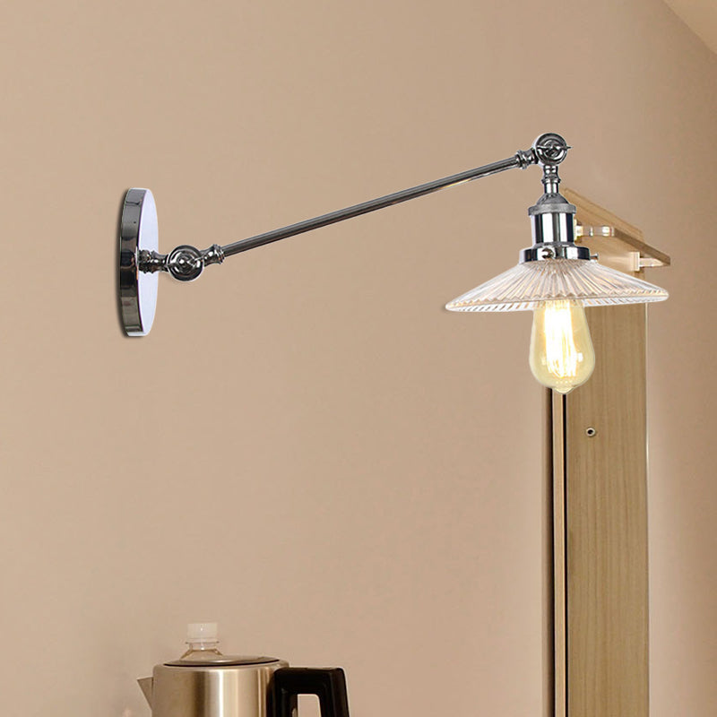 Clear Ribbed Glass Bronze/Brass/Copper Wall Mounted Lamp Saucer 1 Light Vintage Lighting Fixture, 8"/12" L Arm Clearhalo 'Art deco wall lights' 'Cast Iron' 'Glass' 'Industrial wall lights' 'Industrial' 'Middle century wall lights' 'Modern' 'Rustic wall lights' 'Tiffany' 'Traditional wall lights' 'Wall Lamps & Sconces' 'Wall Lights' Lighting' 521069