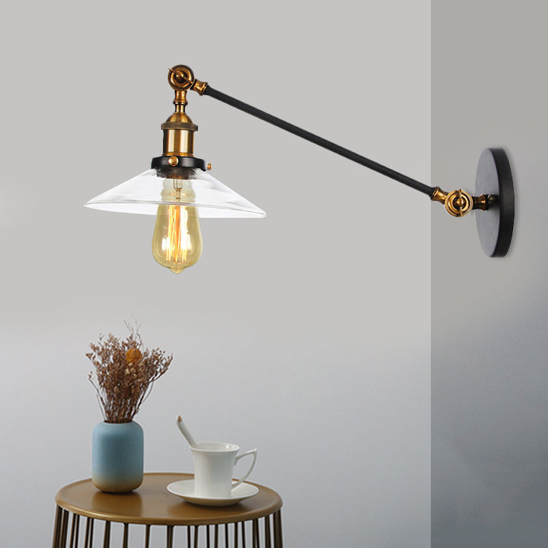 1 Light Indoor Sconce Light Vintage Black/Brass/Bronze Lighting Fixture with Cone Clear Glass Shade, 8"/12" L Arm Clearhalo 'Art deco wall lights' 'Cast Iron' 'Glass' 'Industrial wall lights' 'Industrial' 'Middle century wall lights' 'Modern' 'Rustic wall lights' 'Tiffany' 'Traditional wall lights' 'Wall Lamps & Sconces' 'Wall Lights' Lighting' 521081