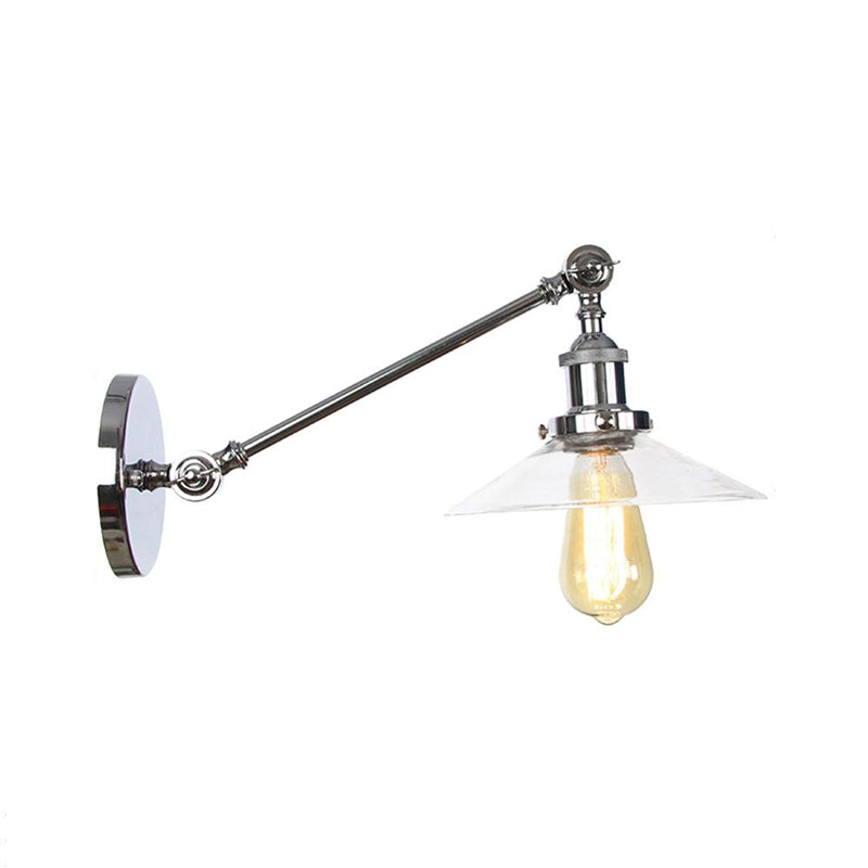 1 Light Indoor Sconce Light Vintage Black/Brass/Bronze Lighting Fixture with Cone Clear Glass Shade, 8"/12" L Arm Clearhalo 'Art deco wall lights' 'Cast Iron' 'Glass' 'Industrial wall lights' 'Industrial' 'Middle century wall lights' 'Modern' 'Rustic wall lights' 'Tiffany' 'Traditional wall lights' 'Wall Lamps & Sconces' 'Wall Lights' Lighting' 521094