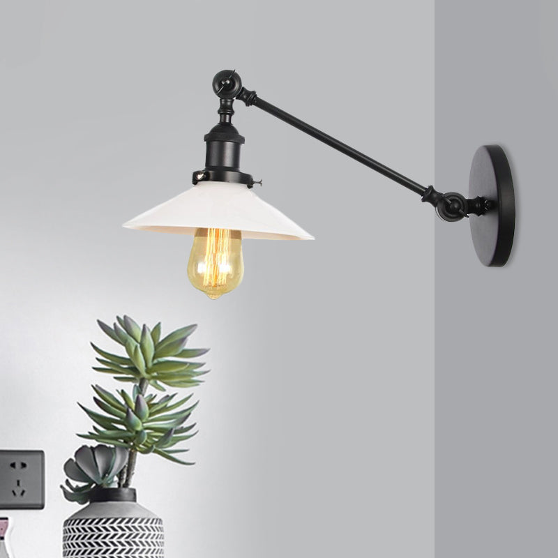 Industrial Conical Sconce Light 1 Light Opal Glass Wall Lamp in Black/Bronze/Brass with Arm, 8"/12" L Clearhalo 'Art deco wall lights' 'Cast Iron' 'Glass' 'Industrial wall lights' 'Industrial' 'Middle century wall lights' 'Modern' 'Rustic wall lights' 'Tiffany' 'Traditional wall lights' 'Wall Lamps & Sconces' 'Wall Lights' Lighting' 521098