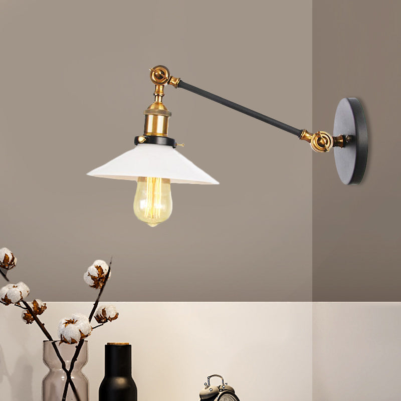 Industrial Conical Sconce Light 1 Light Opal Glass Wall Lamp in Black/Bronze/Brass with Arm, 8"/12" L Clearhalo 'Art deco wall lights' 'Cast Iron' 'Glass' 'Industrial wall lights' 'Industrial' 'Middle century wall lights' 'Modern' 'Rustic wall lights' 'Tiffany' 'Traditional wall lights' 'Wall Lamps & Sconces' 'Wall Lights' Lighting' 521105