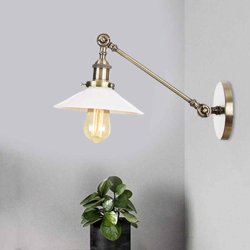 Industrial Conical Sconce Light 1 Light Opal Glass Wall Lamp in Black/Bronze/Brass with Arm, 8"/12" L Bronze 8" Clearhalo 'Art deco wall lights' 'Cast Iron' 'Glass' 'Industrial wall lights' 'Industrial' 'Middle century wall lights' 'Modern' 'Rustic wall lights' 'Tiffany' 'Traditional wall lights' 'Wall Lamps & Sconces' 'Wall Lights' Lighting' 521114