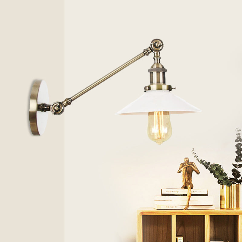 Industrial Conical Sconce Light 1 Light Opal Glass Wall Lamp in Black/Bronze/Brass with Arm, 8"/12" L Clearhalo 'Art deco wall lights' 'Cast Iron' 'Glass' 'Industrial wall lights' 'Industrial' 'Middle century wall lights' 'Modern' 'Rustic wall lights' 'Tiffany' 'Traditional wall lights' 'Wall Lamps & Sconces' 'Wall Lights' Lighting' 521115