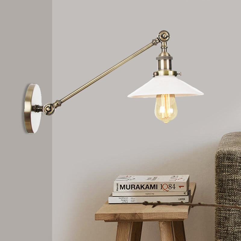 Industrial Conical Sconce Light 1 Light Opal Glass Wall Lamp in Black/Bronze/Brass with Arm, 8"/12" L Bronze 12" Clearhalo 'Art deco wall lights' 'Cast Iron' 'Glass' 'Industrial wall lights' 'Industrial' 'Middle century wall lights' 'Modern' 'Rustic wall lights' 'Tiffany' 'Traditional wall lights' 'Wall Lamps & Sconces' 'Wall Lights' Lighting' 521117