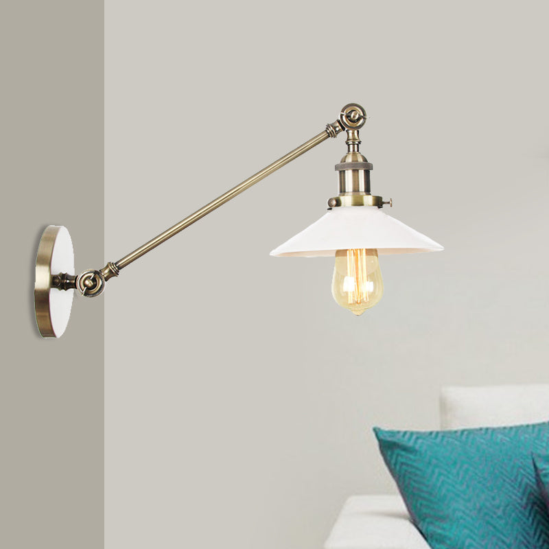 Industrial Conical Sconce Light 1 Light Opal Glass Wall Lamp in Black/Bronze/Brass with Arm, 8"/12" L Clearhalo 'Art deco wall lights' 'Cast Iron' 'Glass' 'Industrial wall lights' 'Industrial' 'Middle century wall lights' 'Modern' 'Rustic wall lights' 'Tiffany' 'Traditional wall lights' 'Wall Lamps & Sconces' 'Wall Lights' Lighting' 521118