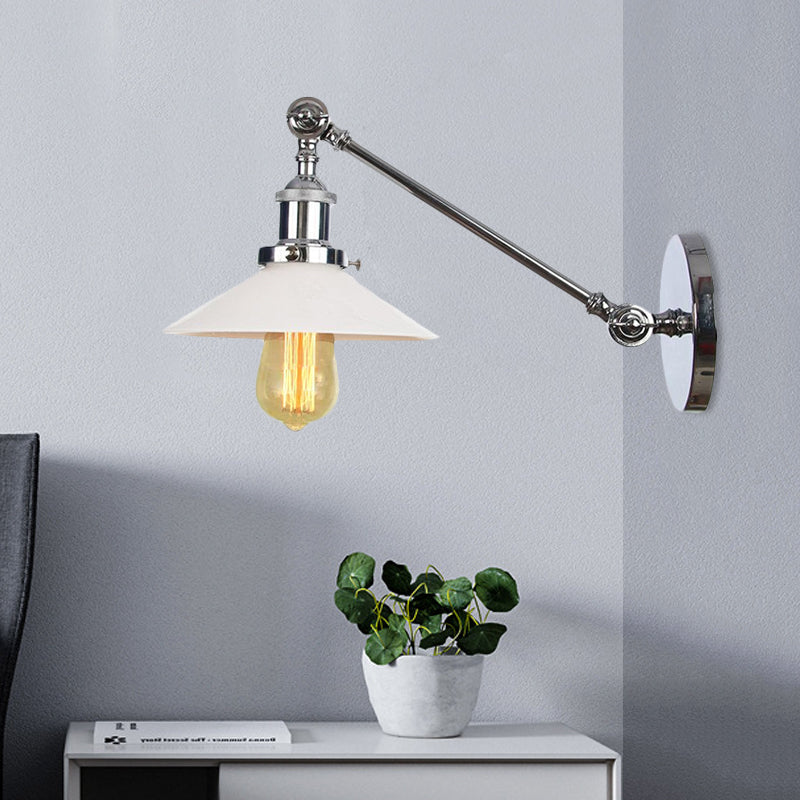 Industrial Conical Sconce Light 1 Light Opal Glass Wall Lamp in Black/Bronze/Brass with Arm, 8"/12" L Chrome 8" Clearhalo 'Art deco wall lights' 'Cast Iron' 'Glass' 'Industrial wall lights' 'Industrial' 'Middle century wall lights' 'Modern' 'Rustic wall lights' 'Tiffany' 'Traditional wall lights' 'Wall Lamps & Sconces' 'Wall Lights' Lighting' 521119