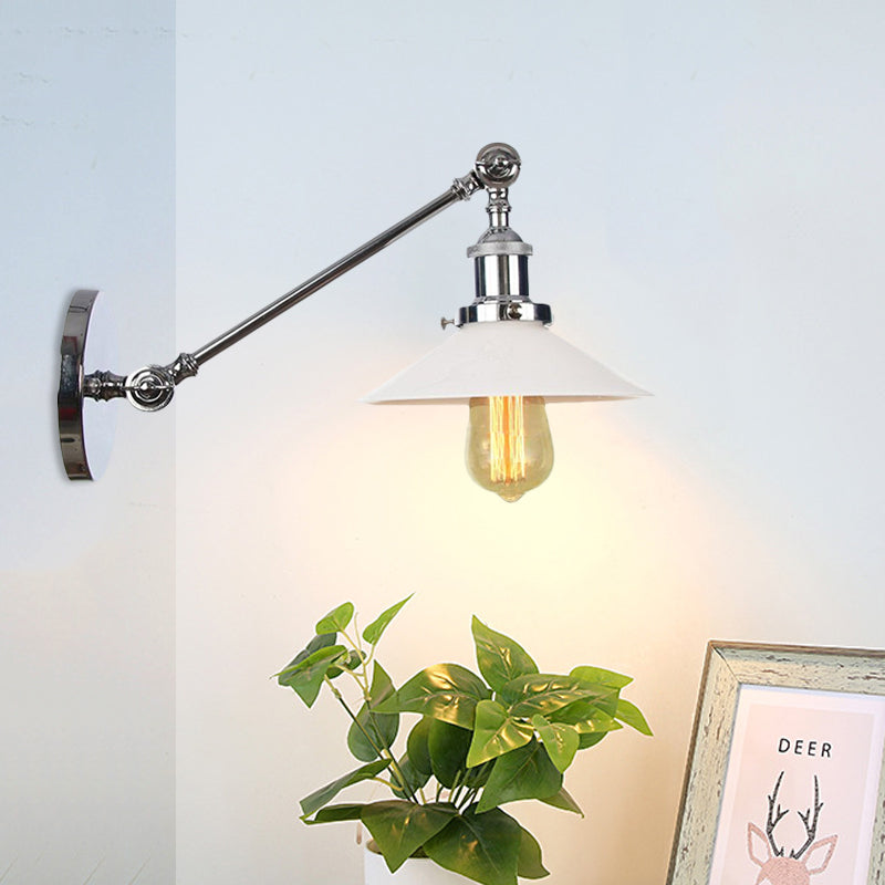 Industrial Conical Sconce Light 1 Light Opal Glass Wall Lamp in Black/Bronze/Brass with Arm, 8"/12" L Clearhalo 'Art deco wall lights' 'Cast Iron' 'Glass' 'Industrial wall lights' 'Industrial' 'Middle century wall lights' 'Modern' 'Rustic wall lights' 'Tiffany' 'Traditional wall lights' 'Wall Lamps & Sconces' 'Wall Lights' Lighting' 521120