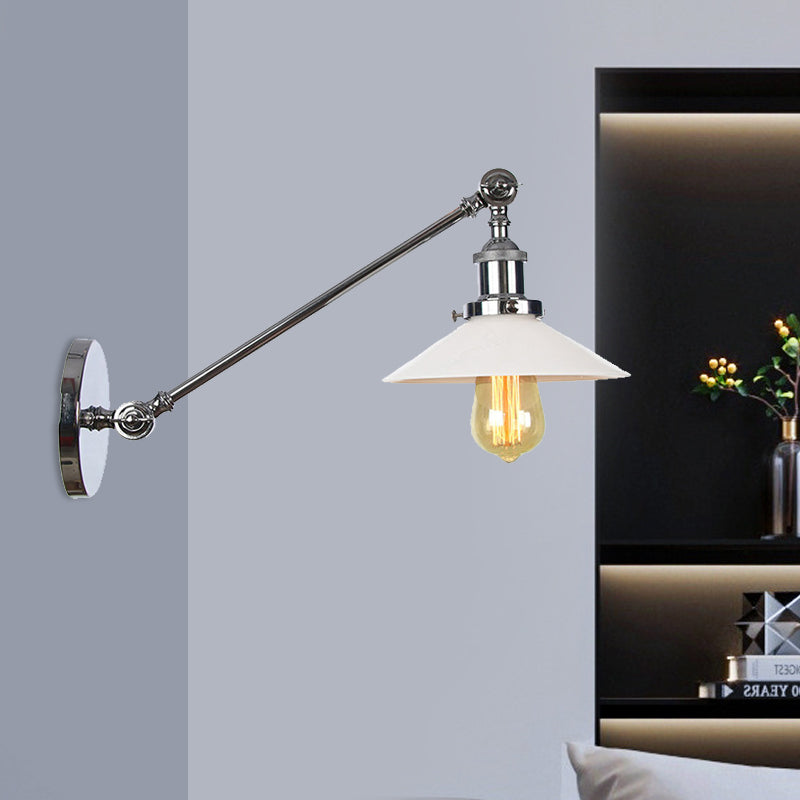 Industrial Conical Sconce Light 1 Light Opal Glass Wall Lamp in Black/Bronze/Brass with Arm, 8"/12" L Chrome 12" Clearhalo 'Art deco wall lights' 'Cast Iron' 'Glass' 'Industrial wall lights' 'Industrial' 'Middle century wall lights' 'Modern' 'Rustic wall lights' 'Tiffany' 'Traditional wall lights' 'Wall Lamps & Sconces' 'Wall Lights' Lighting' 521122