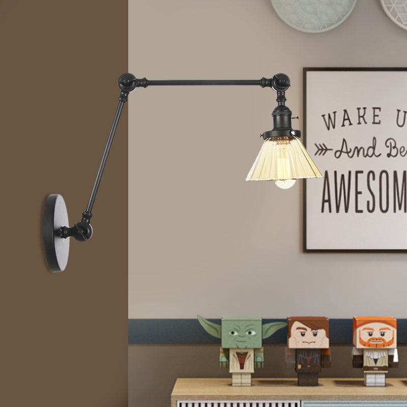 Industrial Cone Wall Mounted Light 1 Light Clear/Amber Glass Sconce in Black/Bronze/Brass with Arm, 8"+8"/8"+8"+8" Long Clearhalo 'Art deco wall lights' 'Cast Iron' 'Glass' 'Industrial wall lights' 'Industrial' 'Middle century wall lights' 'Modern' 'Rustic wall lights' 'Tiffany' 'Traditional wall lights' 'Wall Lamps & Sconces' 'Wall Lights' Lighting' 521152