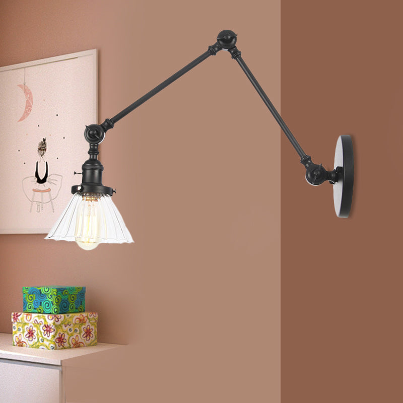 Industrial Cone Wall Mounted Light 1 Light Clear/Amber Glass Sconce in Black/Bronze/Brass with Arm, 8"+8"/8"+8"+8" Long Black Clear 8"+8" Clearhalo 'Art deco wall lights' 'Cast Iron' 'Glass' 'Industrial wall lights' 'Industrial' 'Middle century wall lights' 'Modern' 'Rustic wall lights' 'Tiffany' 'Traditional wall lights' 'Wall Lamps & Sconces' 'Wall Lights' Lighting' 521154