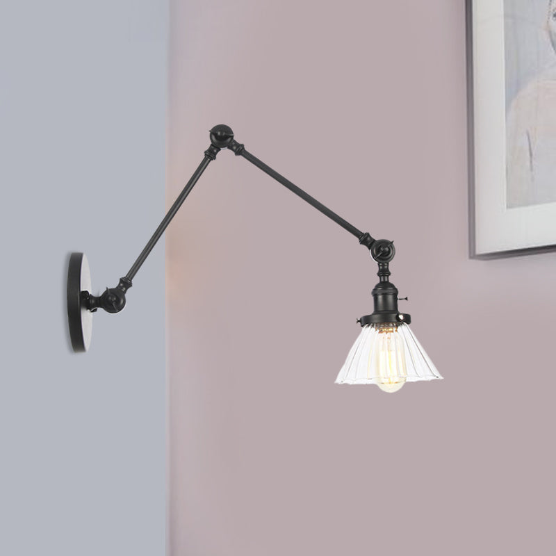 Industrial Cone Wall Mounted Light 1 Light Clear/Amber Glass Sconce in Black/Bronze/Brass with Arm, 8"+8"/8"+8"+8" Long Clearhalo 'Art deco wall lights' 'Cast Iron' 'Glass' 'Industrial wall lights' 'Industrial' 'Middle century wall lights' 'Modern' 'Rustic wall lights' 'Tiffany' 'Traditional wall lights' 'Wall Lamps & Sconces' 'Wall Lights' Lighting' 521155
