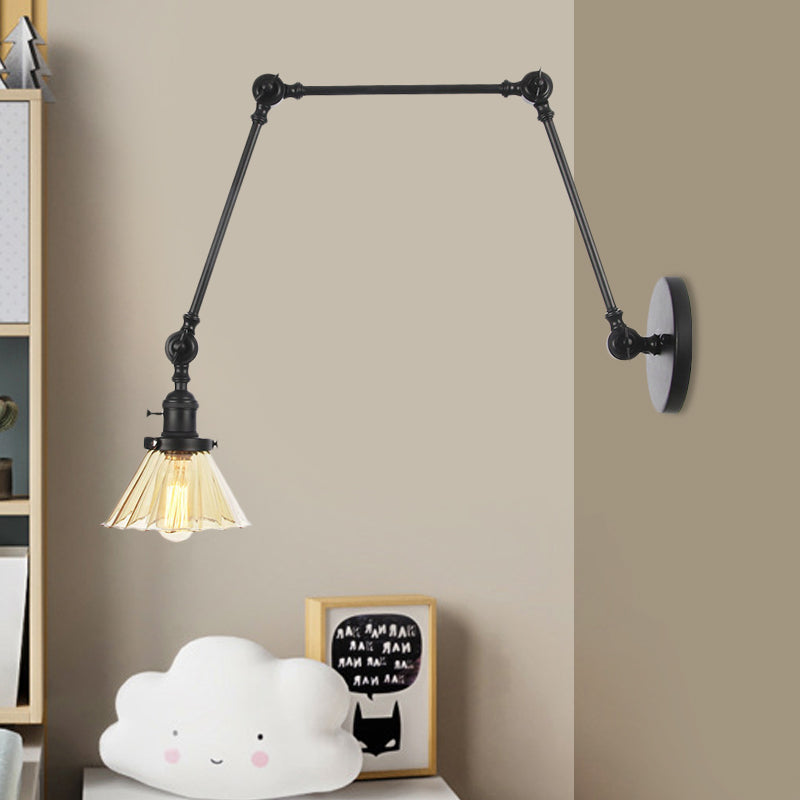 Industrial Cone Wall Mounted Light 1 Light Clear/Amber Glass Sconce in Black/Bronze/Brass with Arm, 8"+8"/8"+8"+8" Long Clearhalo 'Art deco wall lights' 'Cast Iron' 'Glass' 'Industrial wall lights' 'Industrial' 'Middle century wall lights' 'Modern' 'Rustic wall lights' 'Tiffany' 'Traditional wall lights' 'Wall Lamps & Sconces' 'Wall Lights' Lighting' 521158