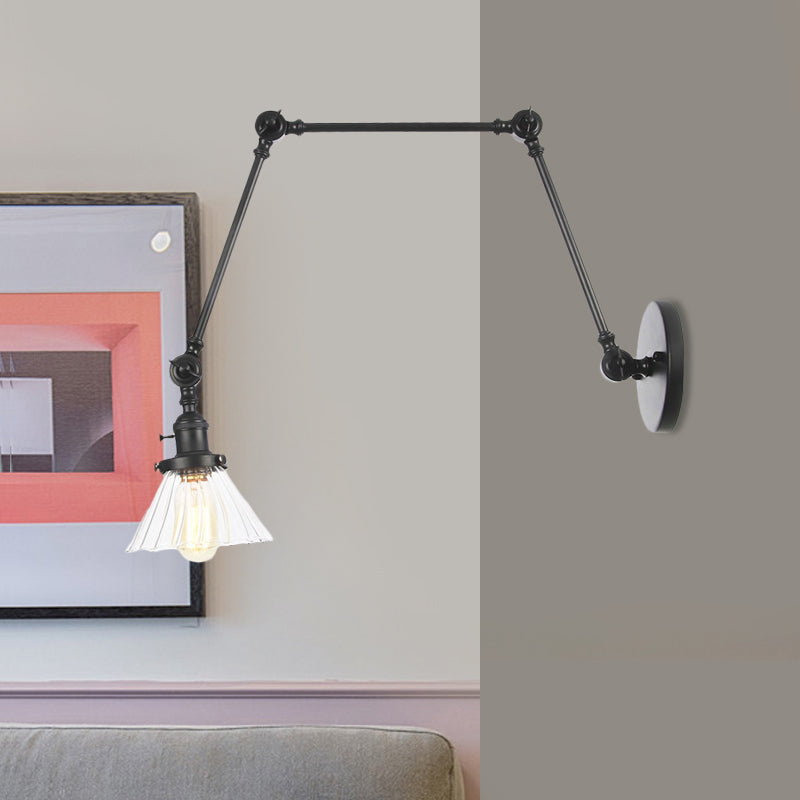 Industrial Cone Wall Mounted Light 1 Light Clear/Amber Glass Sconce in Black/Bronze/Brass with Arm, 8"+8"/8"+8"+8" Long Black Clear 8"+8"+8" Clearhalo 'Art deco wall lights' 'Cast Iron' 'Glass' 'Industrial wall lights' 'Industrial' 'Middle century wall lights' 'Modern' 'Rustic wall lights' 'Tiffany' 'Traditional wall lights' 'Wall Lamps & Sconces' 'Wall Lights' Lighting' 521160