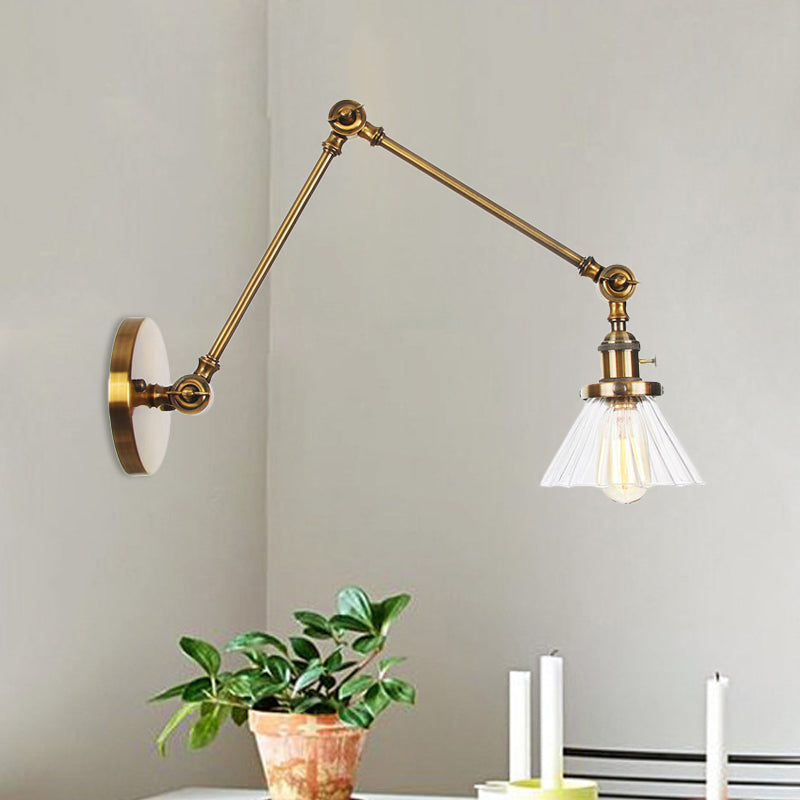Industrial Cone Wall Mounted Light 1 Light Clear/Amber Glass Sconce in Black/Bronze/Brass with Arm, 8"+8"/8"+8"+8" Long Brass Clear 8"+8" Clearhalo 'Art deco wall lights' 'Cast Iron' 'Glass' 'Industrial wall lights' 'Industrial' 'Middle century wall lights' 'Modern' 'Rustic wall lights' 'Tiffany' 'Traditional wall lights' 'Wall Lamps & Sconces' 'Wall Lights' Lighting' 521165