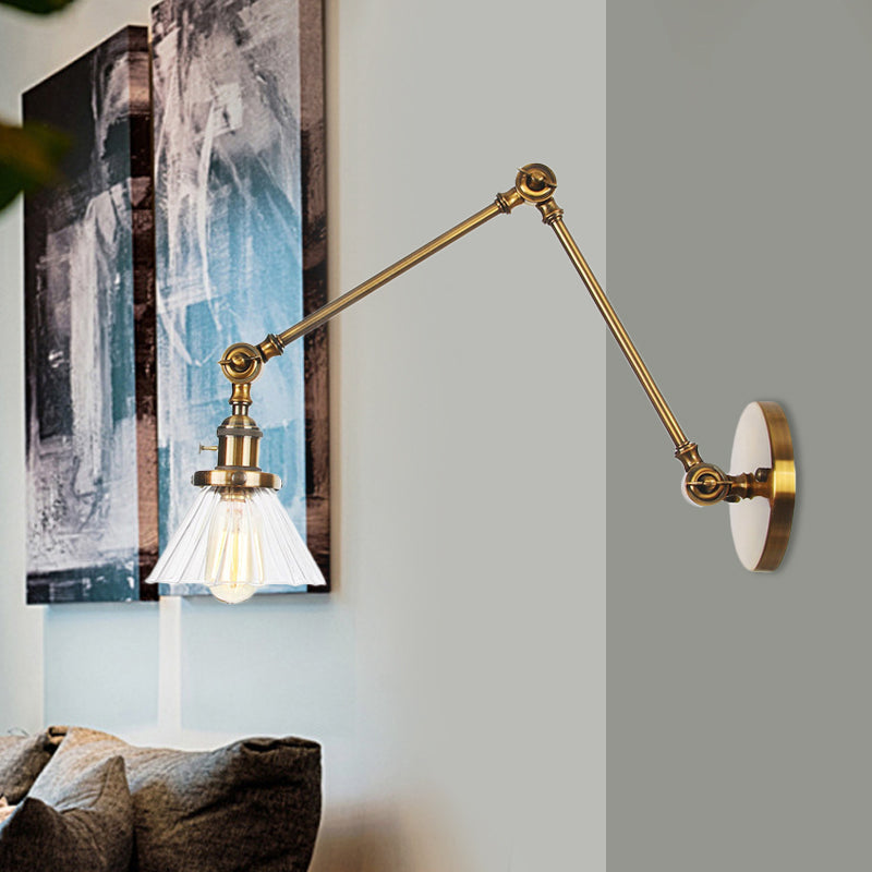Industrial Cone Wall Mounted Light 1 Light Clear/Amber Glass Sconce in Black/Bronze/Brass with Arm, 8"+8"/8"+8"+8" Long Clearhalo 'Art deco wall lights' 'Cast Iron' 'Glass' 'Industrial wall lights' 'Industrial' 'Middle century wall lights' 'Modern' 'Rustic wall lights' 'Tiffany' 'Traditional wall lights' 'Wall Lamps & Sconces' 'Wall Lights' Lighting' 521166