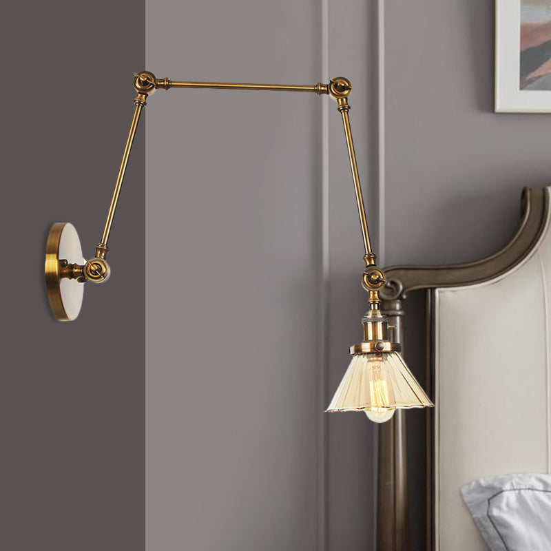 Industrial Cone Wall Mounted Light 1 Light Clear/Amber Glass Sconce in Black/Bronze/Brass with Arm, 8"+8"/8"+8"+8" Long Brass Amber 8"+8"+8" Clearhalo 'Art deco wall lights' 'Cast Iron' 'Glass' 'Industrial wall lights' 'Industrial' 'Middle century wall lights' 'Modern' 'Rustic wall lights' 'Tiffany' 'Traditional wall lights' 'Wall Lamps & Sconces' 'Wall Lights' Lighting' 521167