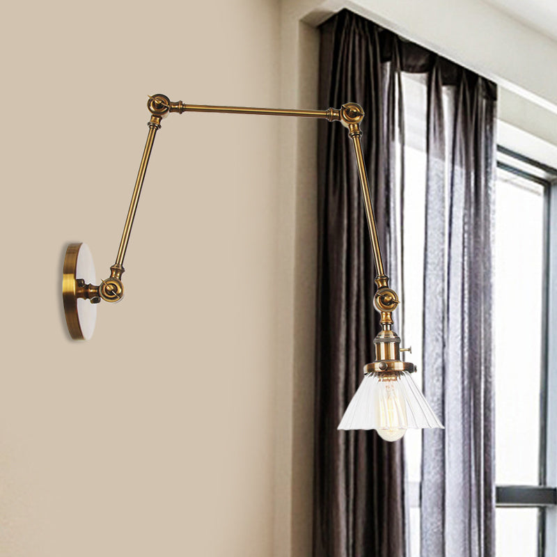 Industrial Cone Wall Mounted Light 1 Light Clear/Amber Glass Sconce in Black/Bronze/Brass with Arm, 8"+8"/8"+8"+8" Long Clearhalo 'Art deco wall lights' 'Cast Iron' 'Glass' 'Industrial wall lights' 'Industrial' 'Middle century wall lights' 'Modern' 'Rustic wall lights' 'Tiffany' 'Traditional wall lights' 'Wall Lamps & Sconces' 'Wall Lights' Lighting' 521170