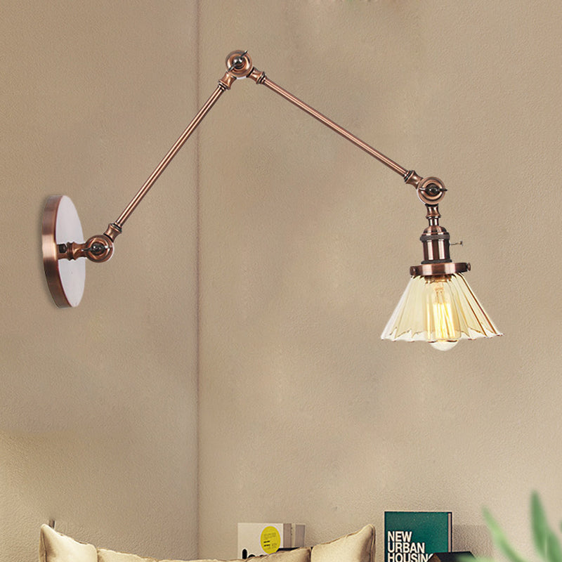 Industrial Cone Wall Mounted Light 1 Light Clear/Amber Glass Sconce in Black/Bronze/Brass with Arm, 8"+8"/8"+8"+8" Long Copper Amber 8"+8" Clearhalo 'Art deco wall lights' 'Cast Iron' 'Glass' 'Industrial wall lights' 'Industrial' 'Middle century wall lights' 'Modern' 'Rustic wall lights' 'Tiffany' 'Traditional wall lights' 'Wall Lamps & Sconces' 'Wall Lights' Lighting' 521171