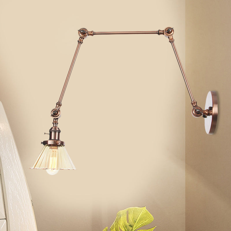 Industrial Cone Wall Mounted Light 1 Light Clear/Amber Glass Sconce in Black/Bronze/Brass with Arm, 8"+8"/8"+8"+8" Long Copper Amber 8"+8"+8" Clearhalo 'Art deco wall lights' 'Cast Iron' 'Glass' 'Industrial wall lights' 'Industrial' 'Middle century wall lights' 'Modern' 'Rustic wall lights' 'Tiffany' 'Traditional wall lights' 'Wall Lamps & Sconces' 'Wall Lights' Lighting' 521175