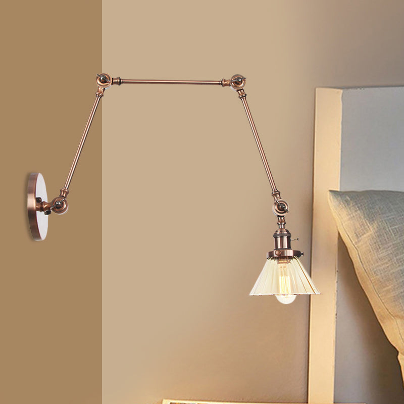 Industrial Cone Wall Mounted Light 1 Light Clear/Amber Glass Sconce in Black/Bronze/Brass with Arm, 8"+8"/8"+8"+8" Long Clearhalo 'Art deco wall lights' 'Cast Iron' 'Glass' 'Industrial wall lights' 'Industrial' 'Middle century wall lights' 'Modern' 'Rustic wall lights' 'Tiffany' 'Traditional wall lights' 'Wall Lamps & Sconces' 'Wall Lights' Lighting' 521176