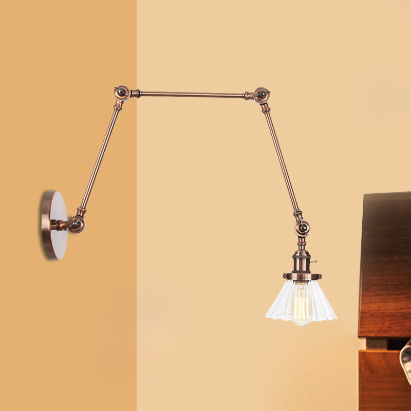 Industrial Cone Wall Mounted Light 1 Light Clear/Amber Glass Sconce in Black/Bronze/Brass with Arm, 8"+8"/8"+8"+8" Long Copper Clear 8"+8"+8" Clearhalo 'Art deco wall lights' 'Cast Iron' 'Glass' 'Industrial wall lights' 'Industrial' 'Middle century wall lights' 'Modern' 'Rustic wall lights' 'Tiffany' 'Traditional wall lights' 'Wall Lamps & Sconces' 'Wall Lights' Lighting' 521177