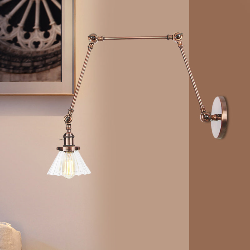 Industrial Cone Wall Mounted Light 1 Light Clear/Amber Glass Sconce in Black/Bronze/Brass with Arm, 8"+8"/8"+8"+8" Long Clearhalo 'Art deco wall lights' 'Cast Iron' 'Glass' 'Industrial wall lights' 'Industrial' 'Middle century wall lights' 'Modern' 'Rustic wall lights' 'Tiffany' 'Traditional wall lights' 'Wall Lamps & Sconces' 'Wall Lights' Lighting' 521178