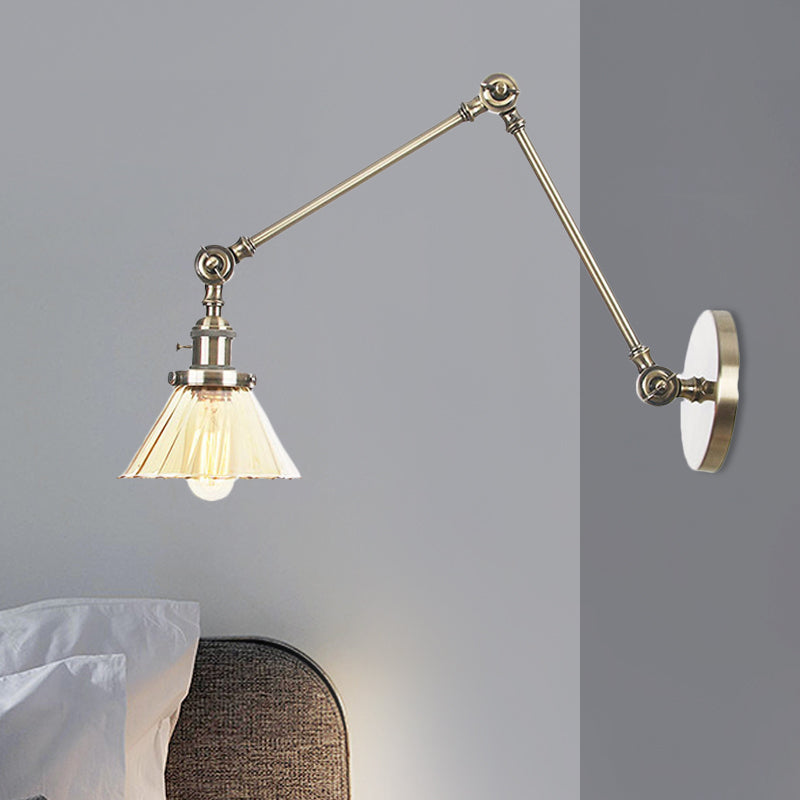 Industrial Cone Wall Mounted Light 1 Light Clear/Amber Glass Sconce in Black/Bronze/Brass with Arm, 8"+8"/8"+8"+8" Long Bronze Amber 8"+8" Clearhalo 'Art deco wall lights' 'Cast Iron' 'Glass' 'Industrial wall lights' 'Industrial' 'Middle century wall lights' 'Modern' 'Rustic wall lights' 'Tiffany' 'Traditional wall lights' 'Wall Lamps & Sconces' 'Wall Lights' Lighting' 521179