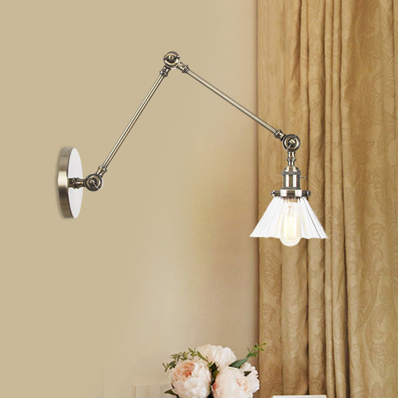 Industrial Cone Wall Mounted Light 1 Light Clear/Amber Glass Sconce in Black/Bronze/Brass with Arm, 8"+8"/8"+8"+8" Long Bronze Clear 8"+8" Clearhalo 'Art deco wall lights' 'Cast Iron' 'Glass' 'Industrial wall lights' 'Industrial' 'Middle century wall lights' 'Modern' 'Rustic wall lights' 'Tiffany' 'Traditional wall lights' 'Wall Lamps & Sconces' 'Wall Lights' Lighting' 521181