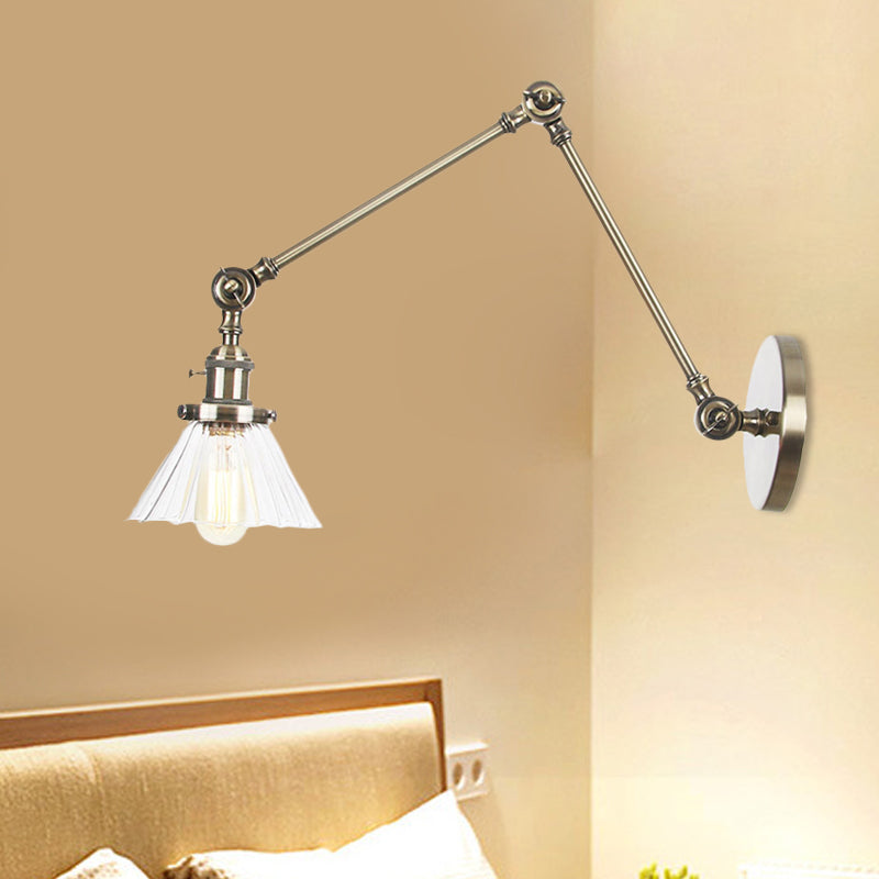 Industrial Cone Wall Mounted Light 1 Light Clear/Amber Glass Sconce in Black/Bronze/Brass with Arm, 8"+8"/8"+8"+8" Long Clearhalo 'Art deco wall lights' 'Cast Iron' 'Glass' 'Industrial wall lights' 'Industrial' 'Middle century wall lights' 'Modern' 'Rustic wall lights' 'Tiffany' 'Traditional wall lights' 'Wall Lamps & Sconces' 'Wall Lights' Lighting' 521182