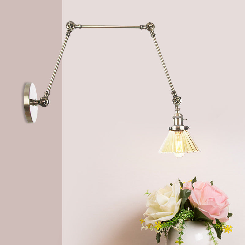 Industrial Cone Wall Mounted Light 1 Light Clear/Amber Glass Sconce in Black/Bronze/Brass with Arm, 8"+8"/8"+8"+8" Long Bronze Amber 8"+8"+8" Clearhalo 'Art deco wall lights' 'Cast Iron' 'Glass' 'Industrial wall lights' 'Industrial' 'Middle century wall lights' 'Modern' 'Rustic wall lights' 'Tiffany' 'Traditional wall lights' 'Wall Lamps & Sconces' 'Wall Lights' Lighting' 521183