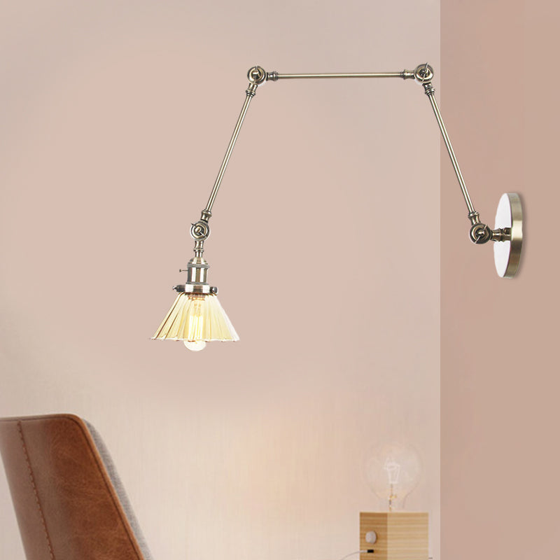 Industrial Cone Wall Mounted Light 1 Light Clear/Amber Glass Sconce in Black/Bronze/Brass with Arm, 8"+8"/8"+8"+8" Long Clearhalo 'Art deco wall lights' 'Cast Iron' 'Glass' 'Industrial wall lights' 'Industrial' 'Middle century wall lights' 'Modern' 'Rustic wall lights' 'Tiffany' 'Traditional wall lights' 'Wall Lamps & Sconces' 'Wall Lights' Lighting' 521184