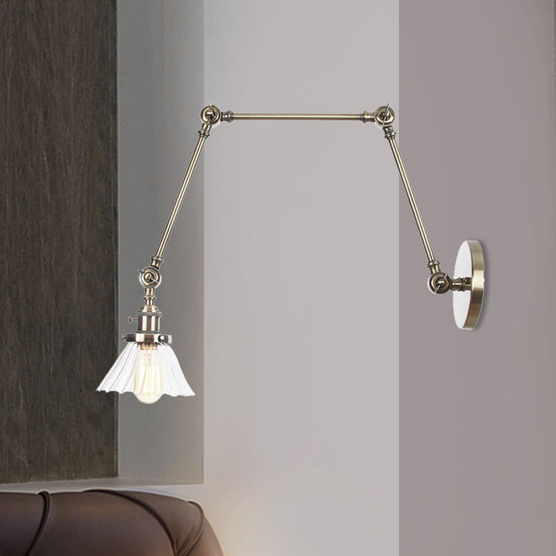 Industrial Cone Wall Mounted Light 1 Light Clear/Amber Glass Sconce in Black/Bronze/Brass with Arm, 8"+8"/8"+8"+8" Long Bronze Clear 8"+8"+8" Clearhalo 'Art deco wall lights' 'Cast Iron' 'Glass' 'Industrial wall lights' 'Industrial' 'Middle century wall lights' 'Modern' 'Rustic wall lights' 'Tiffany' 'Traditional wall lights' 'Wall Lamps & Sconces' 'Wall Lights' Lighting' 521185