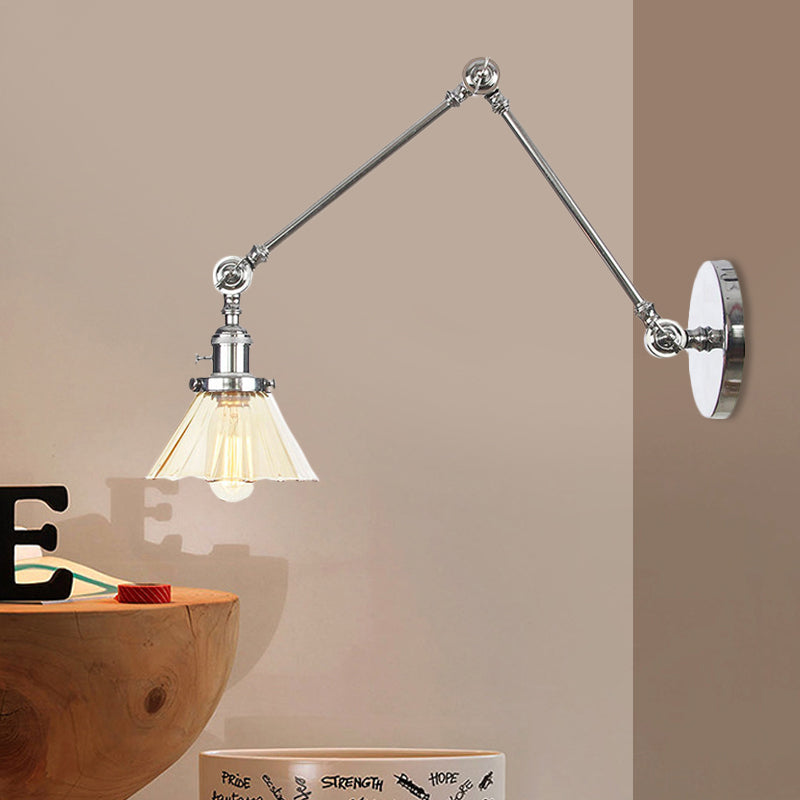 Industrial Cone Wall Mounted Light 1 Light Clear/Amber Glass Sconce in Black/Bronze/Brass with Arm, 8"+8"/8"+8"+8" Long Chrome Amber 8"+8" Clearhalo 'Art deco wall lights' 'Cast Iron' 'Glass' 'Industrial wall lights' 'Industrial' 'Middle century wall lights' 'Modern' 'Rustic wall lights' 'Tiffany' 'Traditional wall lights' 'Wall Lamps & Sconces' 'Wall Lights' Lighting' 521187