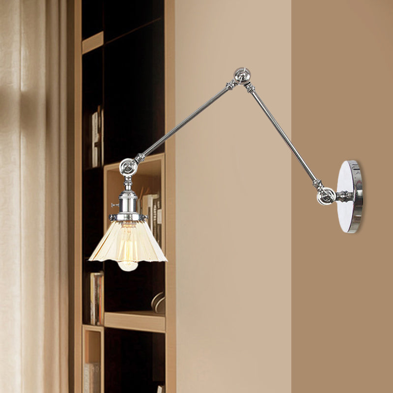 Industrial Cone Wall Mounted Light 1 Light Clear/Amber Glass Sconce in Black/Bronze/Brass with Arm, 8"+8"/8"+8"+8" Long Clearhalo 'Art deco wall lights' 'Cast Iron' 'Glass' 'Industrial wall lights' 'Industrial' 'Middle century wall lights' 'Modern' 'Rustic wall lights' 'Tiffany' 'Traditional wall lights' 'Wall Lamps & Sconces' 'Wall Lights' Lighting' 521188
