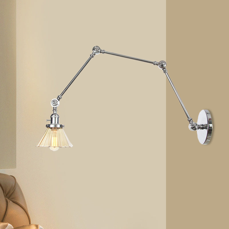Industrial Cone Wall Mounted Light 1 Light Clear/Amber Glass Sconce in Black/Bronze/Brass with Arm, 8"+8"/8"+8"+8" Long Chrome Amber 8"+8"+8" Clearhalo 'Art deco wall lights' 'Cast Iron' 'Glass' 'Industrial wall lights' 'Industrial' 'Middle century wall lights' 'Modern' 'Rustic wall lights' 'Tiffany' 'Traditional wall lights' 'Wall Lamps & Sconces' 'Wall Lights' Lighting' 521191