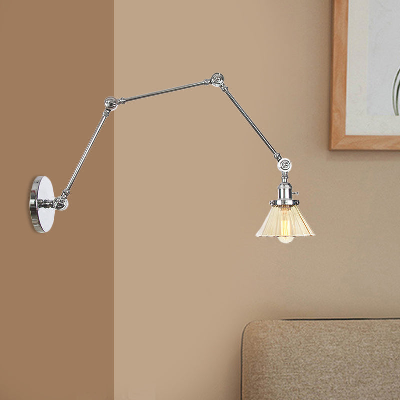 Industrial Cone Wall Mounted Light 1 Light Clear/Amber Glass Sconce in Black/Bronze/Brass with Arm, 8"+8"/8"+8"+8" Long Clearhalo 'Art deco wall lights' 'Cast Iron' 'Glass' 'Industrial wall lights' 'Industrial' 'Middle century wall lights' 'Modern' 'Rustic wall lights' 'Tiffany' 'Traditional wall lights' 'Wall Lamps & Sconces' 'Wall Lights' Lighting' 521192
