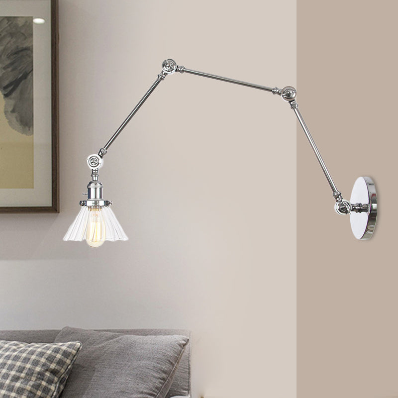 Industrial Cone Wall Mounted Light 1 Light Clear/Amber Glass Sconce in Black/Bronze/Brass with Arm, 8"+8"/8"+8"+8" Long Clearhalo 'Art deco wall lights' 'Cast Iron' 'Glass' 'Industrial wall lights' 'Industrial' 'Middle century wall lights' 'Modern' 'Rustic wall lights' 'Tiffany' 'Traditional wall lights' 'Wall Lamps & Sconces' 'Wall Lights' Lighting' 521194