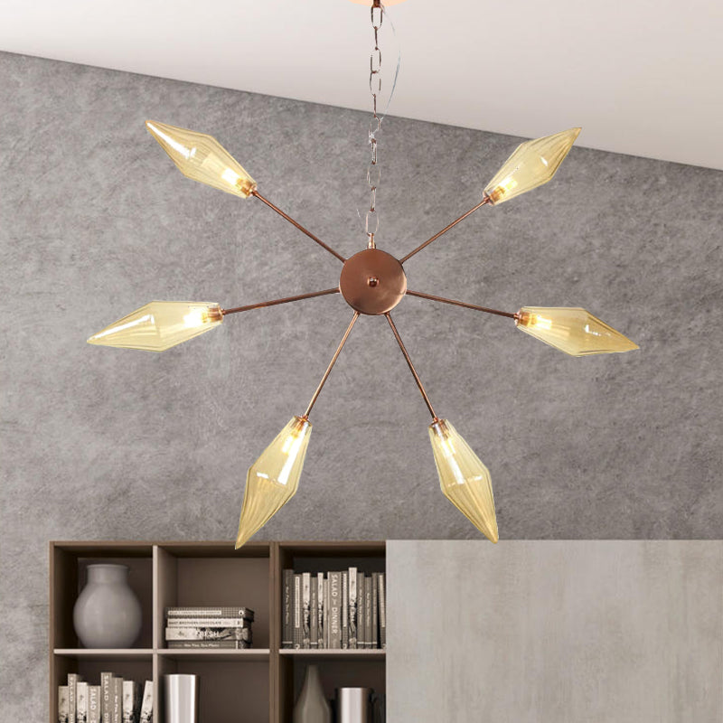 6/9/12 Lights Chandelier Lamp Industrial Sputnik Amber/Clear Glass Ceiling Light Fixture in Black/Copper/Chrome 6 Copper Amber Clearhalo 'Ceiling Lights' 'Chandeliers' 'Glass shade' 'Glass' 'Industrial Chandeliers' 'Industrial' 'Middle Century Chandeliers' 'Pendant Lights' 'Tiffany' Lighting' 521210