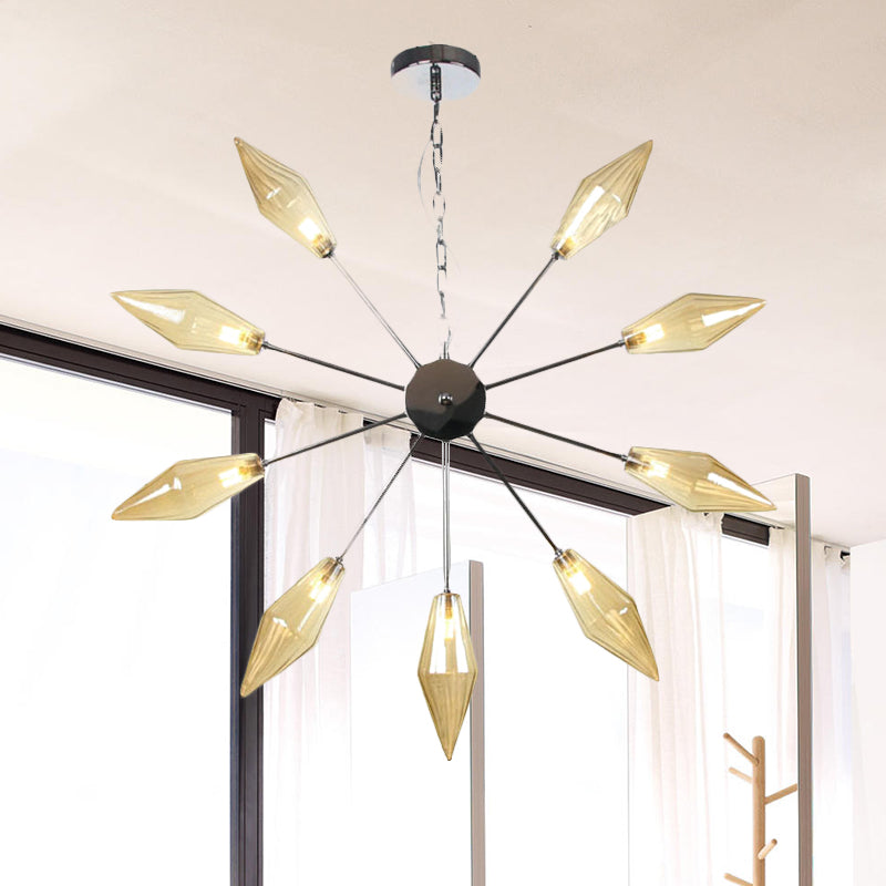6/9/12 Lights Chandelier Lamp Industrial Sputnik Amber/Clear Glass Ceiling Light Fixture in Black/Copper/Chrome 9 Chrome Amber Clearhalo 'Ceiling Lights' 'Chandeliers' 'Glass shade' 'Glass' 'Industrial Chandeliers' 'Industrial' 'Middle Century Chandeliers' 'Pendant Lights' 'Tiffany' Lighting' 521235