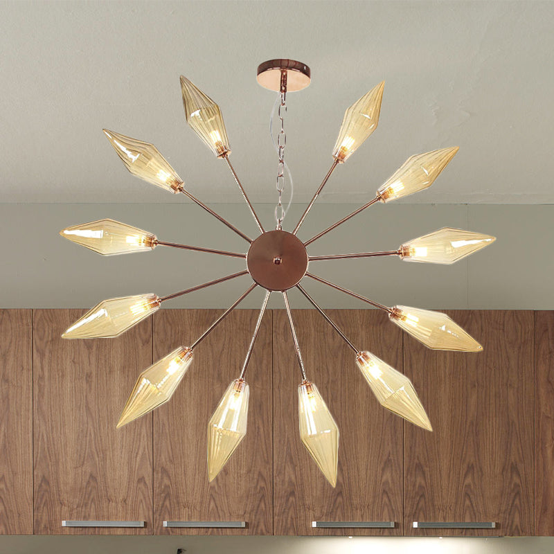 6/9/12 Lights Chandelier Lamp Industrial Sputnik Amber/Clear Glass Ceiling Light Fixture in Black/Copper/Chrome 12 Copper Amber Clearhalo 'Ceiling Lights' 'Chandeliers' 'Glass shade' 'Glass' 'Industrial Chandeliers' 'Industrial' 'Middle Century Chandeliers' 'Pendant Lights' 'Tiffany' Lighting' 521250