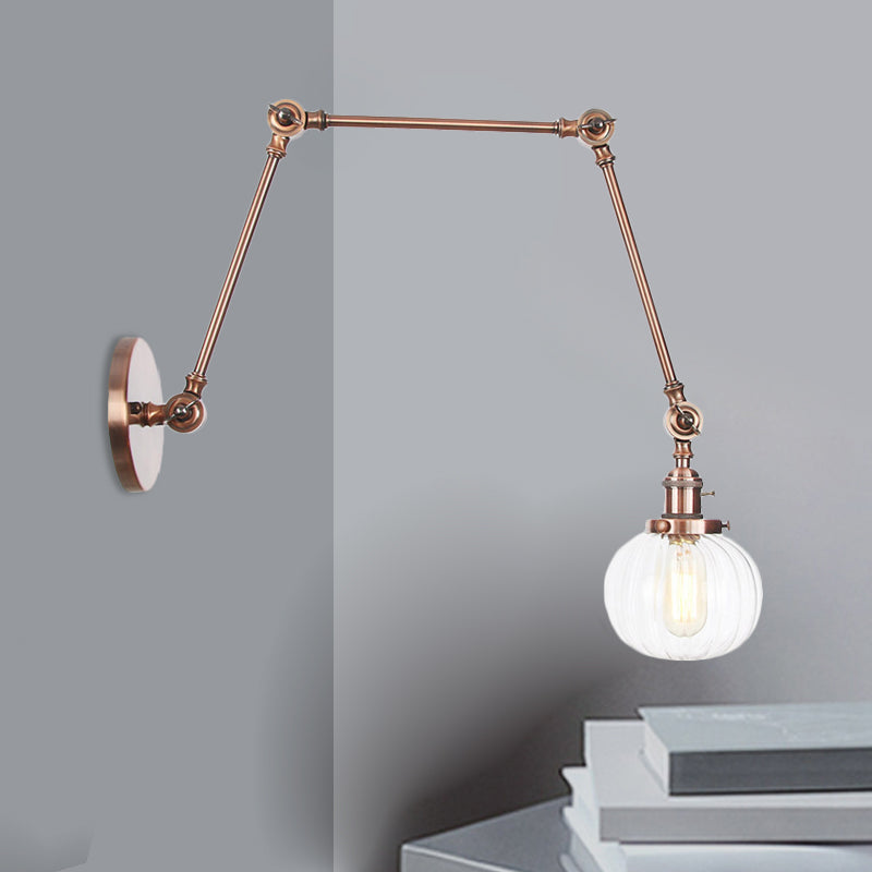 Globe Clear/Amber Glass Wall Mounted Lighting Vintage 1 Light Indoor Sconce in Brass/Chrome/Black with Adjustable Arm, 8"+8"/8"+8"+8" L Copper Clear 8"+8"+8" Clearhalo 'Art deco wall lights' 'Cast Iron' 'Glass' 'Industrial wall lights' 'Industrial' 'Middle century wall lights' 'Modern' 'Rustic wall lights' 'Tiffany' 'Traditional wall lights' 'Wall Lamps & Sconces' 'Wall Lights' Lighting' 521340