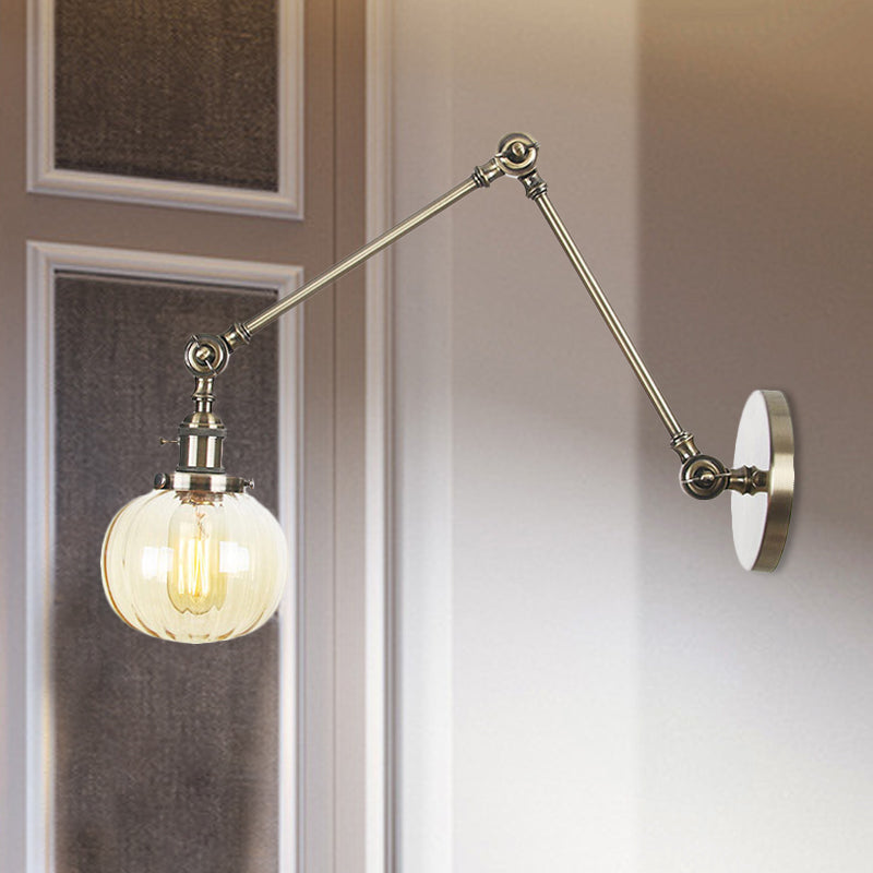 Globe Clear/Amber Glass Wall Mounted Lighting Vintage 1 Light Indoor Sconce in Brass/Chrome/Black with Adjustable Arm, 8"+8"/8"+8"+8" L Clearhalo 'Art deco wall lights' 'Cast Iron' 'Glass' 'Industrial wall lights' 'Industrial' 'Middle century wall lights' 'Modern' 'Rustic wall lights' 'Tiffany' 'Traditional wall lights' 'Wall Lamps & Sconces' 'Wall Lights' Lighting' 521343