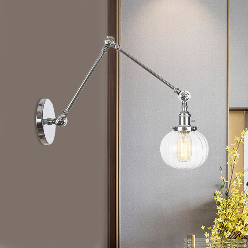Globe Clear/Amber Glass Wall Mounted Lighting Vintage 1 Light Indoor Sconce in Brass/Chrome/Black with Adjustable Arm, 8"+8"/8"+8"+8" L Clearhalo 'Art deco wall lights' 'Cast Iron' 'Glass' 'Industrial wall lights' 'Industrial' 'Middle century wall lights' 'Modern' 'Rustic wall lights' 'Tiffany' 'Traditional wall lights' 'Wall Lamps & Sconces' 'Wall Lights' Lighting' 521352
