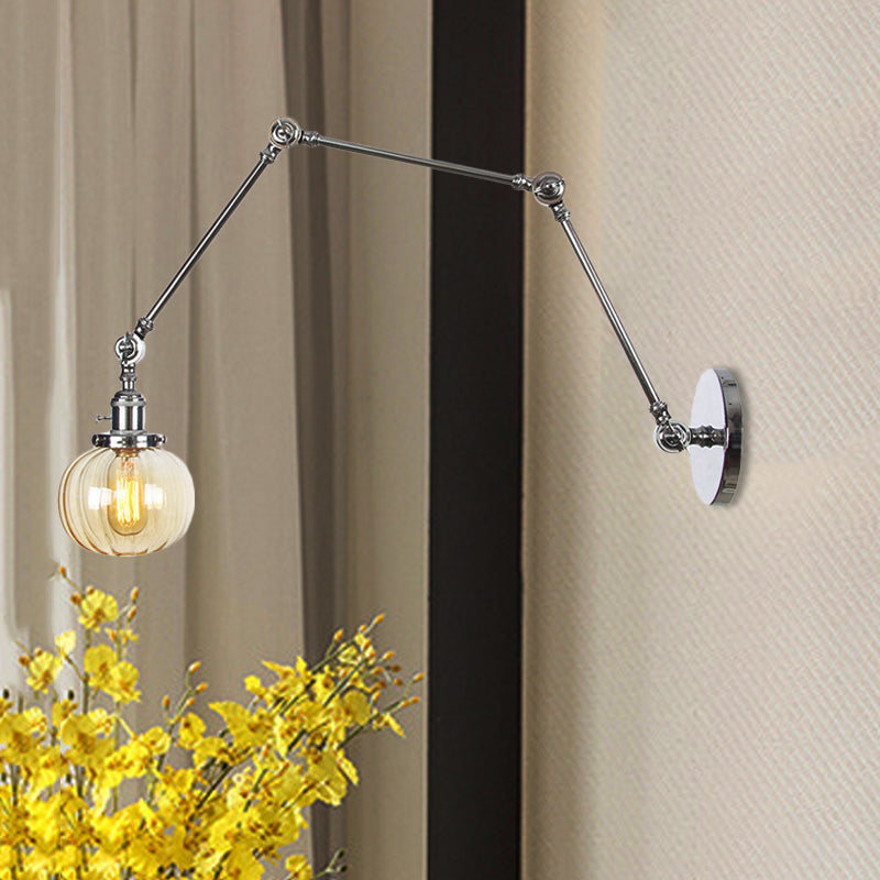 Globe Clear/Amber Glass Wall Mounted Lighting Vintage 1 Light Indoor Sconce in Brass/Chrome/Black with Adjustable Arm, 8"+8"/8"+8"+8" L Clearhalo 'Art deco wall lights' 'Cast Iron' 'Glass' 'Industrial wall lights' 'Industrial' 'Middle century wall lights' 'Modern' 'Rustic wall lights' 'Tiffany' 'Traditional wall lights' 'Wall Lamps & Sconces' 'Wall Lights' Lighting' 521354