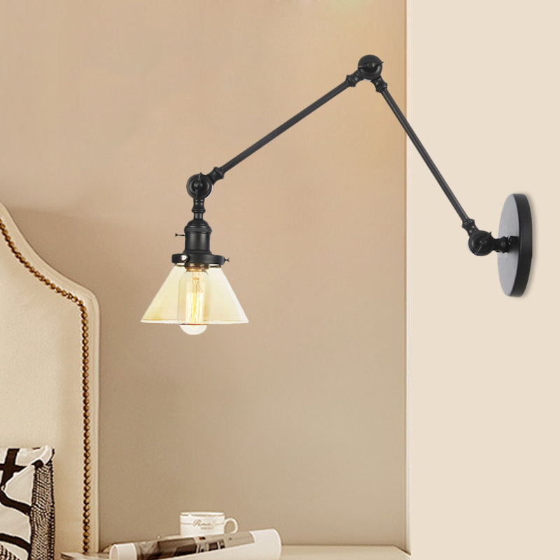 1 Light Wall Lamp Industrial Conical Clear/Amber Glass Sconce in Black/Bronze/Brass with Adjustable Arm, 8“+8"/8"+8"+8" Long Clearhalo 'Art deco wall lights' 'Cast Iron' 'Glass' 'Industrial wall lights' 'Industrial' 'Middle century wall lights' 'Modern' 'Rustic wall lights' 'Tiffany' 'Traditional wall lights' 'Wall Lamps & Sconces' 'Wall Lights' Lighting' 521904