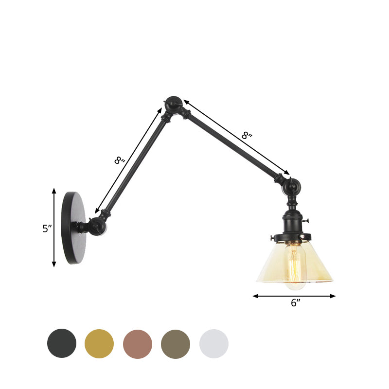 1 Light Wall Lamp Industrial Conical Clear/Amber Glass Sconce in Black/Bronze/Brass with Adjustable Arm, 8“+8"/8"+8"+8" Long Clearhalo 'Art deco wall lights' 'Cast Iron' 'Glass' 'Industrial wall lights' 'Industrial' 'Middle century wall lights' 'Modern' 'Rustic wall lights' 'Tiffany' 'Traditional wall lights' 'Wall Lamps & Sconces' 'Wall Lights' Lighting' 521905