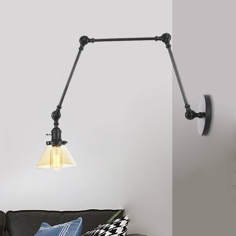 1 Light Wall Lamp Industrial Conical Clear/Amber Glass Sconce in Black/Bronze/Brass with Adjustable Arm, 8“+8"/8"+8"+8" Long Black Amber 8"+8"+8" Clearhalo 'Art deco wall lights' 'Cast Iron' 'Glass' 'Industrial wall lights' 'Industrial' 'Middle century wall lights' 'Modern' 'Rustic wall lights' 'Tiffany' 'Traditional wall lights' 'Wall Lamps & Sconces' 'Wall Lights' Lighting' 521906