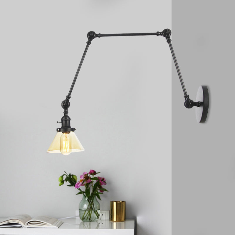 1 Light Wall Lamp Industrial Conical Clear/Amber Glass Sconce in Black/Bronze/Brass with Adjustable Arm, 8“+8"/8"+8"+8" Long Clearhalo 'Art deco wall lights' 'Cast Iron' 'Glass' 'Industrial wall lights' 'Industrial' 'Middle century wall lights' 'Modern' 'Rustic wall lights' 'Tiffany' 'Traditional wall lights' 'Wall Lamps & Sconces' 'Wall Lights' Lighting' 521907