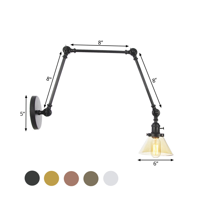 1 Light Wall Lamp Industrial Conical Clear/Amber Glass Sconce in Black/Bronze/Brass with Adjustable Arm, 8“+8"/8"+8"+8" Long Clearhalo 'Art deco wall lights' 'Cast Iron' 'Glass' 'Industrial wall lights' 'Industrial' 'Middle century wall lights' 'Modern' 'Rustic wall lights' 'Tiffany' 'Traditional wall lights' 'Wall Lamps & Sconces' 'Wall Lights' Lighting' 521908
