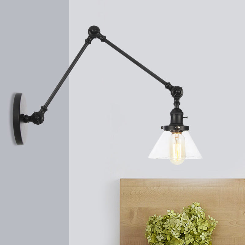 1 Light Wall Lamp Industrial Conical Clear/Amber Glass Sconce in Black/Bronze/Brass with Adjustable Arm, 8“+8"/8"+8"+8" Long Black Clear 8"+8" Clearhalo 'Art deco wall lights' 'Cast Iron' 'Glass' 'Industrial wall lights' 'Industrial' 'Middle century wall lights' 'Modern' 'Rustic wall lights' 'Tiffany' 'Traditional wall lights' 'Wall Lamps & Sconces' 'Wall Lights' Lighting' 521909